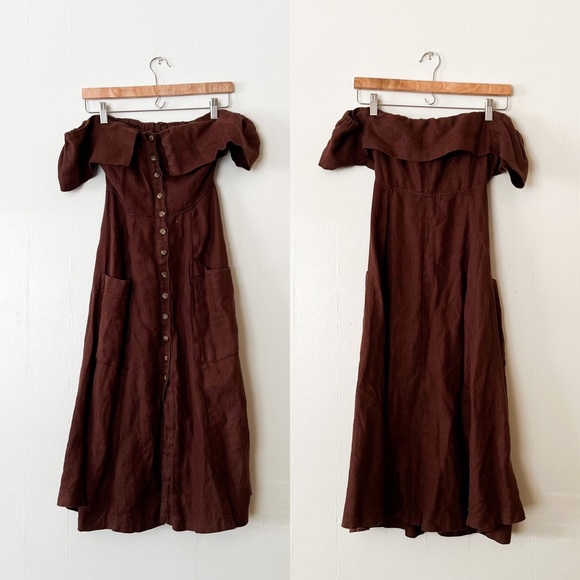 Reformation Marian Linen Dress in Brown Off The Shoulder Celeb Favorite Rare HTF - Picture 3 of 9